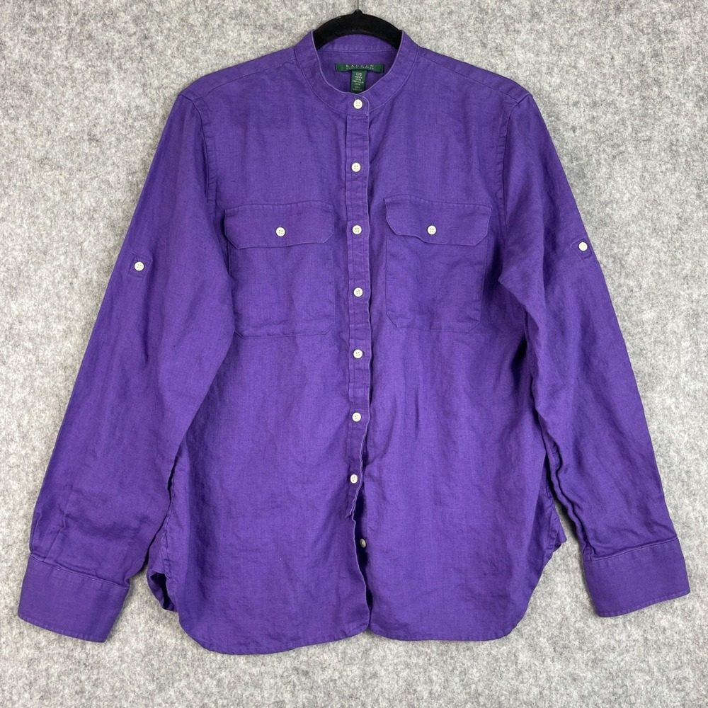 Lauren Ralph Lauren Linen Top Womens Large Purple Roll Tab Button Up Coastal
